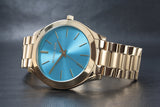 Michael Kors Slim Runway Blue Mother of Pearl Dial Gold Steel Strap Watch for Women - MK3492