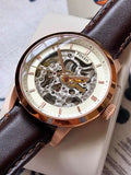 Fossil Townsman Automatic Skeleton White Dial Brown Leather Strap Watch for Men - ME3078