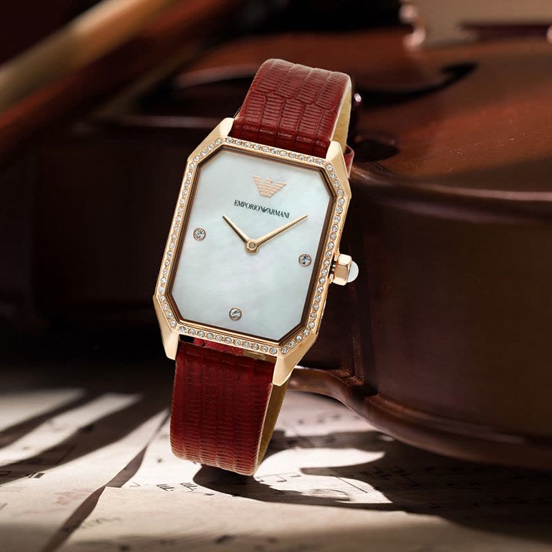Emporio Armani Gianni T Bar Two-Hand Mother of Pearl Dial Red Leather Strap Watch For Women - AR11467