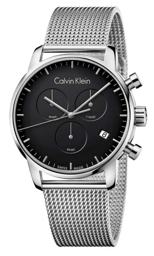 Calvin Klein City Chronograph Black Dial Silver Mesh Bracelet Watch for Men - K2G27121