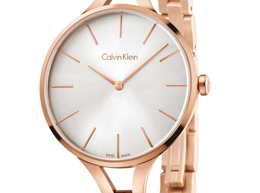 Calvin Klein Graphic Silver Dial Rose Gold Steel Strap Watch for Women - K7E23646