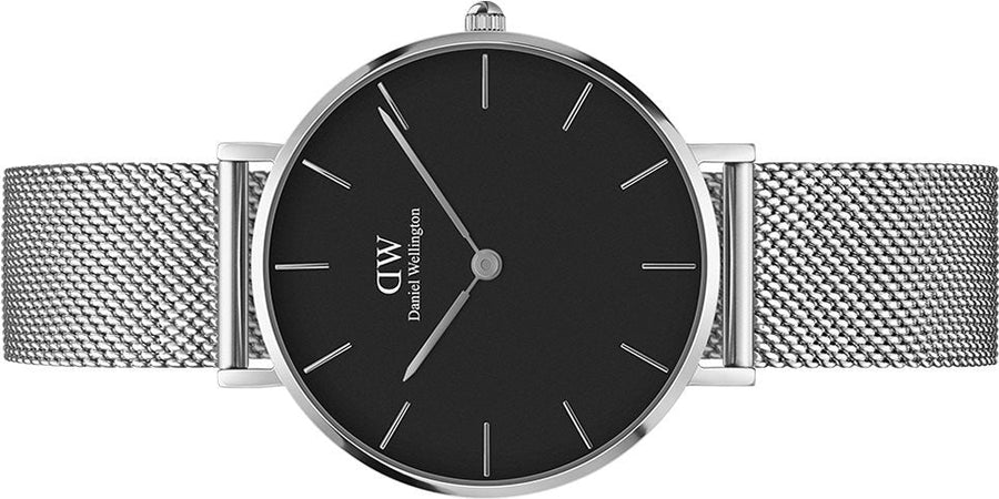 Daniel Wellington Classic Petite Sterling Black Dial Silver Mesh Bracelet Watch For Women - DW00100162