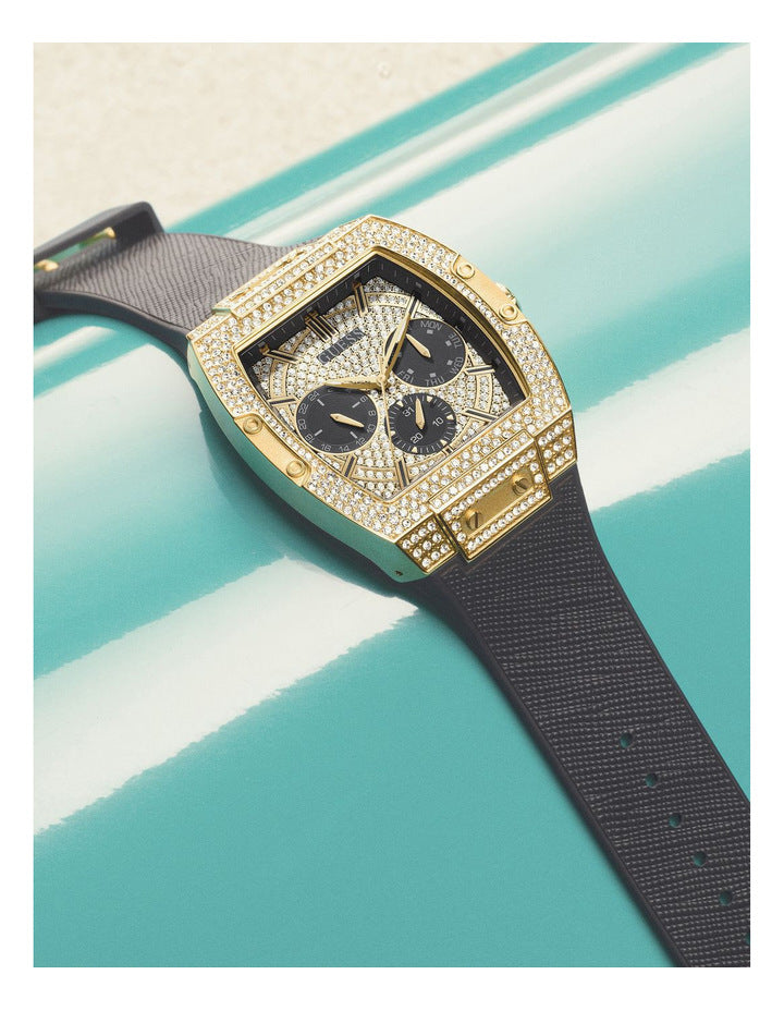 Guess Phoenix Multifunction Crystals Gold Dial Black Silicone Strap Watch For Men - GW0048G2