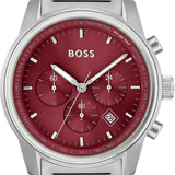 Hugo Boss Trace Chronograph Red Dial Silver Steel Strap Watch For Men - 1514004