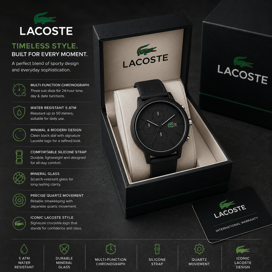 Lacoste 12.12 Chronograph Black Dial Black Silicon Strap Watch for Men - 2011243