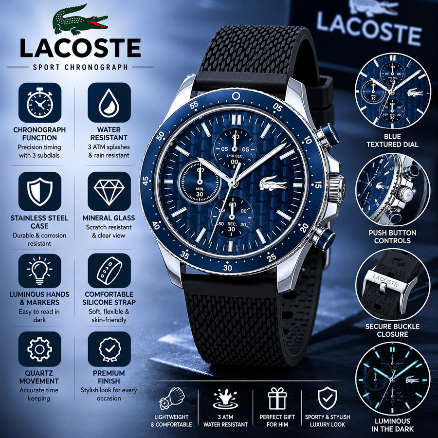 Lacoste Neoheritage Chronograph Blue Dial Black Silicone Strap Watch for Men - 2011252