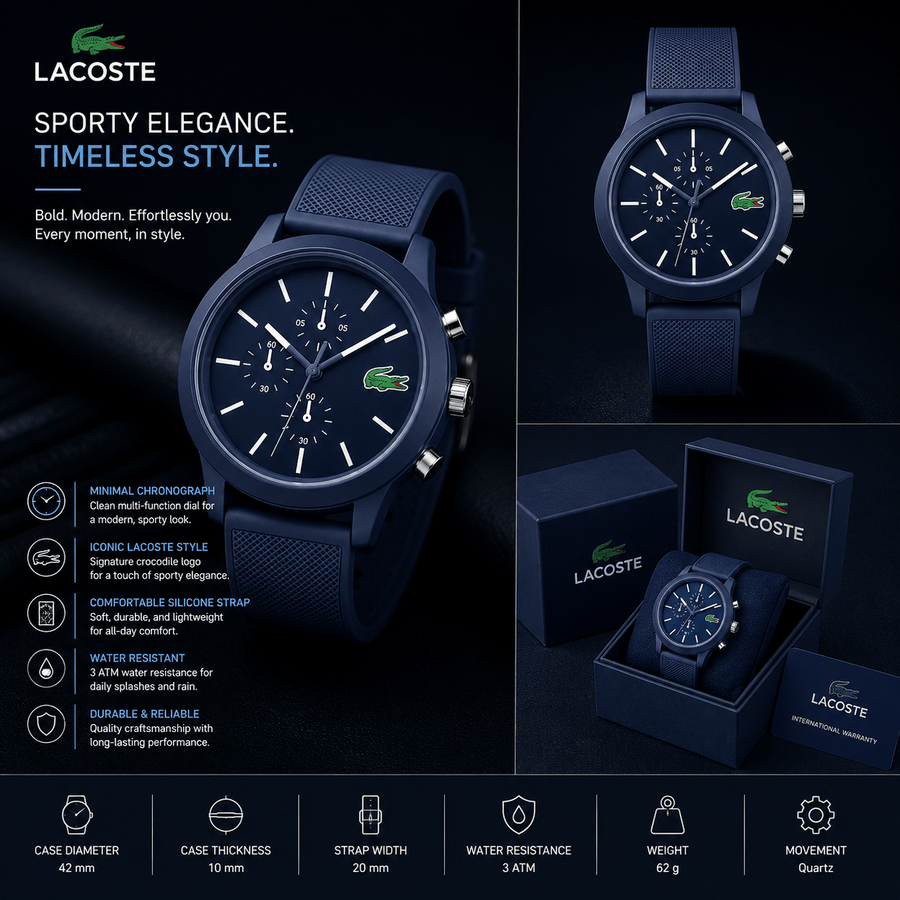 Lacoste 12.12 Chronograph Blue Dial Blue Silicon Strap Watch for Men - 2010970