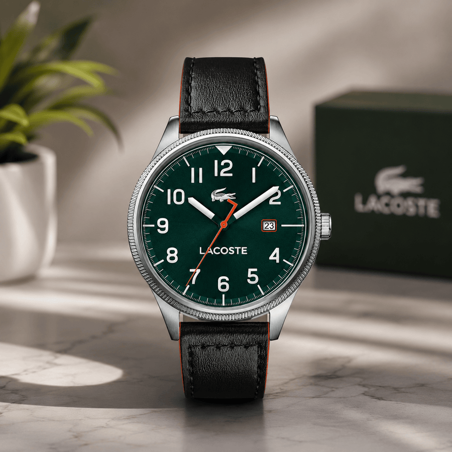 Lacoste Continental Green Dial Black Leather Strap Watch for Men - 2011019