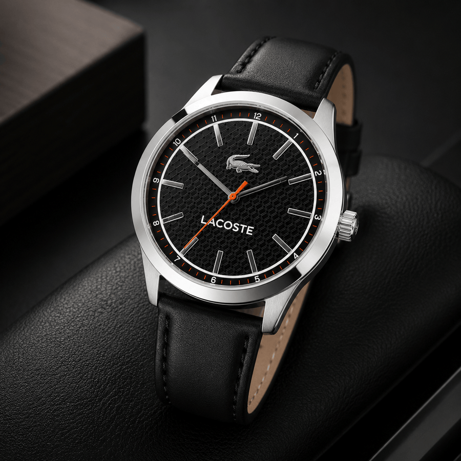 Lacoste Edmonton Black Dial Black Leather Strap Watch for Men - 2010888