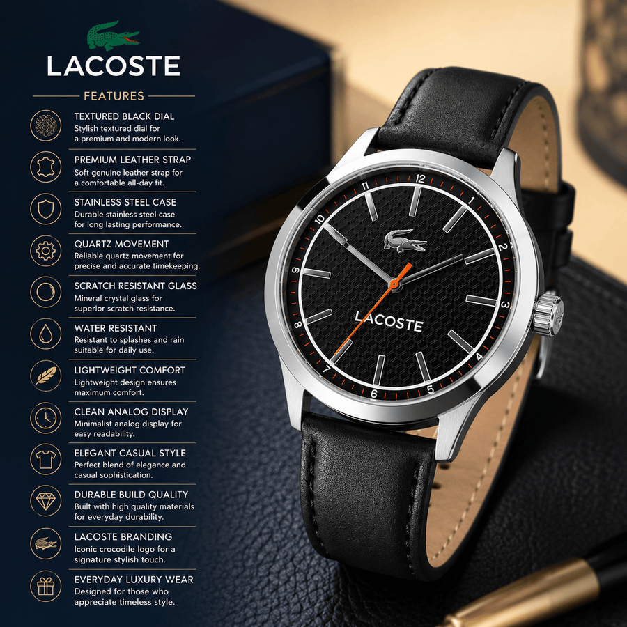 Lacoste Edmonton Black Dial Black Leather Strap Watch for Men - 2010888