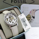 Fossil Boyfriend Automatic Skeleton Silver Dial White Leather Strap Watch for Women - ME3069