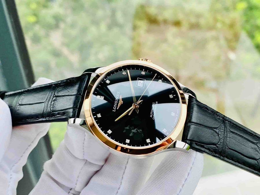 Longines Record Black Dial Black Leather Strap Watch for Men - L2.821.5.57.2