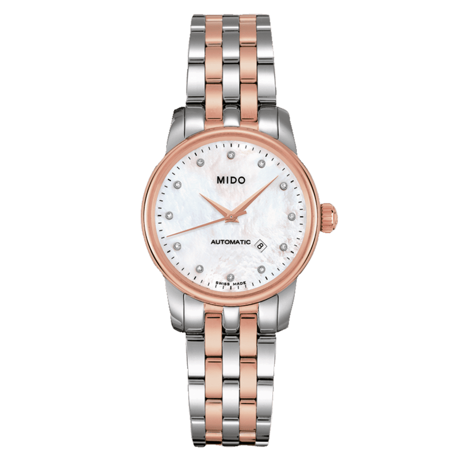 Mido Baroncelli III Automatic Mother of Pearl White Dial Two Tone Steel Strap Watch For Women - M7600.9.69.1
