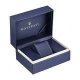 Maserati watch box, open and empty, navy blue.