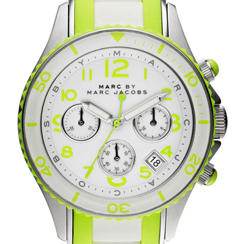 Marc Jacobs Rock Chronograph White Dial White & Green Silicone Strap Watch for Women - MBM2592