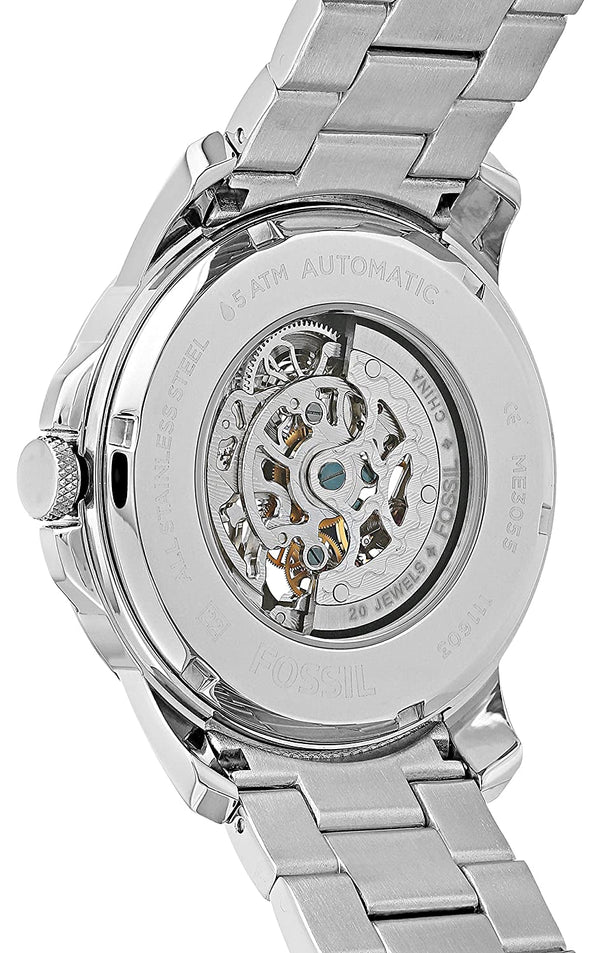 Fossil Grant Automatic Skeleton Black Dial Silver Steel Strap Watch for Men - ME3103
