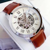 Fossil Grant Automatic Beige Skeleton Dial Brown Leather Strap Watch for Men - ME3099