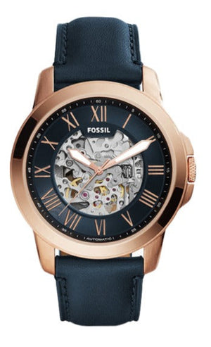 Fossil Grant Automatic Skeleton Blue Dial Blue Leather Strap Watch for Men - ME3102