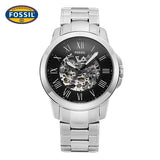 Fossil Grant Automatic Skeleton Black Dial Silver Steel Strap Watch for Men - ME3103