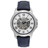 Fossil Grant Automatic Skeleton Silver Dial Blue Leather Strap Watch for Men - ME3111