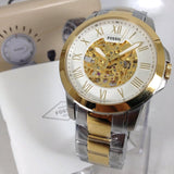 Fossil Grant Automatic Skeleton White Dial Two Tone Steel Strap Watch for Men - ME3112