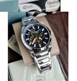 Fossil Everett Automatic Skeleton Blue Dial Silver Steel Strap Watch for Men - ME3220