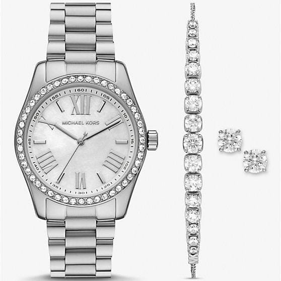 Michael Kors Lexington Crystals Mother of Pearl White Dial Silver Steel Strap Watch for Women - MK1087