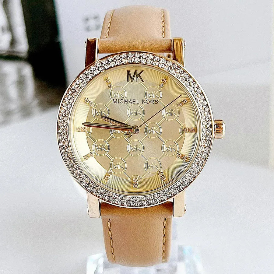 Michael Kors Corey Analog Gold Dial Brown Leather Strap Watch for Women - MK2986