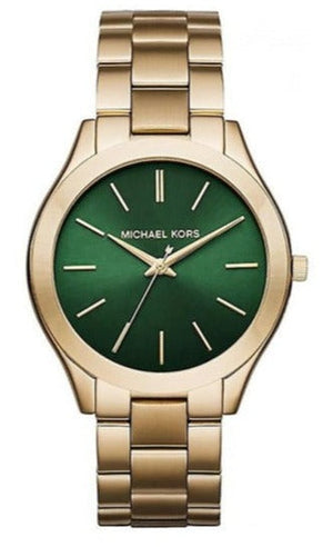 Michael Kors Slim Runway Green Dial Gold Steel Strap Watch for Women - MK3435