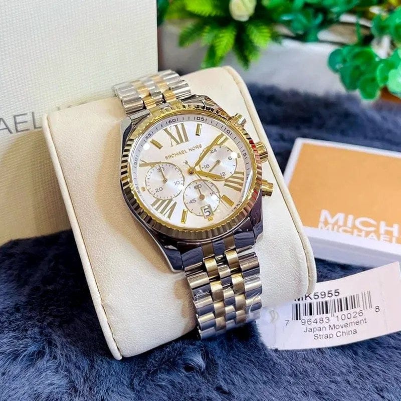 Michael Kors Lexington Silver Dial Two Tone Steel Strap Watch for Women - MK5955