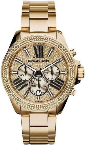 Michael Kors Wren Chronograph Crystal Pave Gold Dial Gold Steel Strap Watch for Women - MK6095