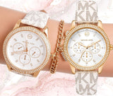 Michael Kors Tibby Multifunction Silver Dial White Leather Strap Watch For Women - MK6967