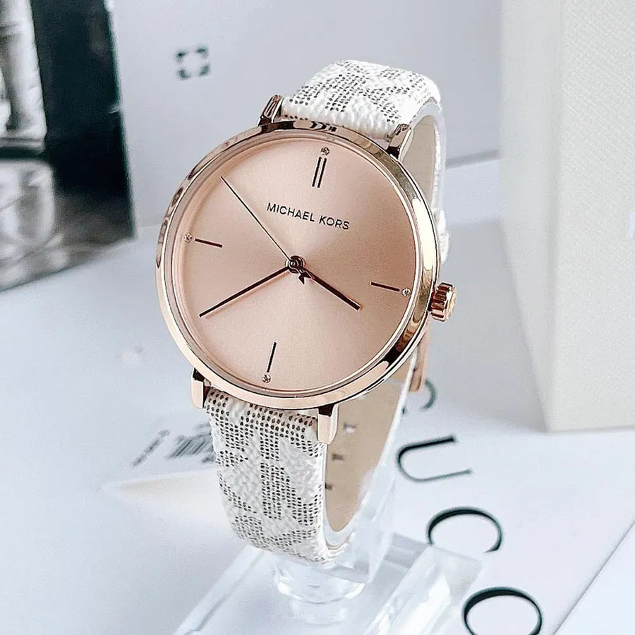 Michael Kors Jayne Three Hand Rose Gold Dial White Leather Strap Watch For Women - MK7128