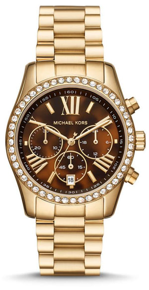 Michael Kors Lexington Chronograph Brown Dial Gold Steel Strap Watch For Women - MK7276