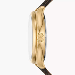 Michael Kors Benning Three Hand Gold Dial Brown Leather Strap Watch For Men - MK8931