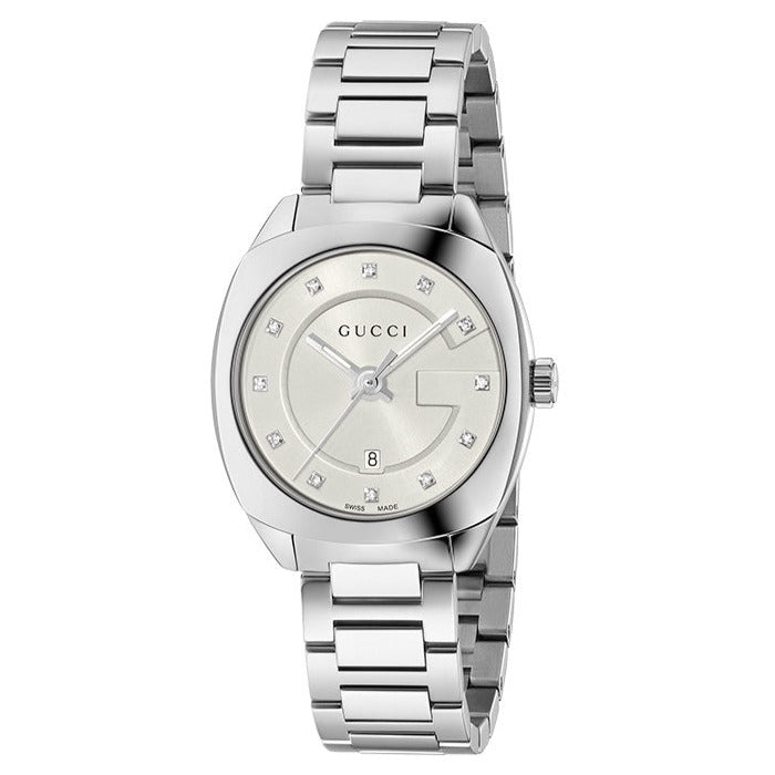 Gucci G Frame Quartz Diamonds Silver Dial Silver Steel Strap Watch For Women - YA142504