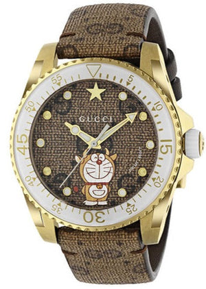 Gucci Dive Doraemon Brown Dial Brown Leather Strap Watch For Men - YA136334