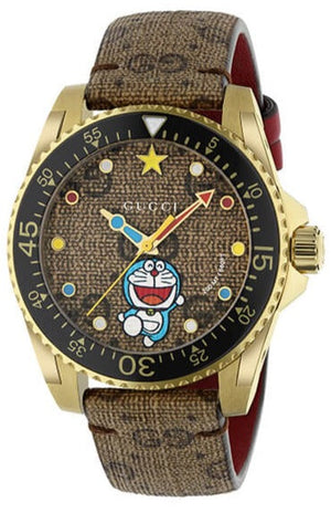 Gucci Dive Doraemon Quartz Brown Dial Brown Leather Strap Watch For Men - YA136335