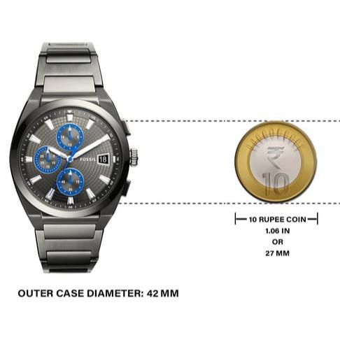 Fossil watch comparison with 10 Rupee coin, 42mm case.
