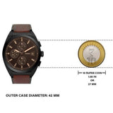 Fossil men's watch with brown strap, 42mm case, and 10 rupee coin comparison.