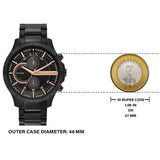 Armani Exchange black watch with 46mm case, compared to a 10 rupee coin.
