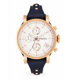 Fossil Original Boyfriend Chronograph White Dial Navy Blue Leather Strap Watch for Women - ES3838