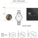 Watch dial size guide with 28mm diameter, ideal sizes, and comparisons.