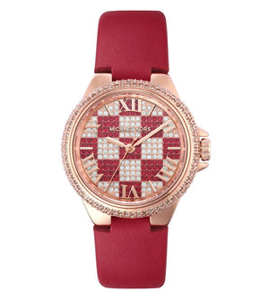 Michael Kors Camille Three Hand Crystals Rose Gold Dial Red Leather Strap Watch For Women - MK4701