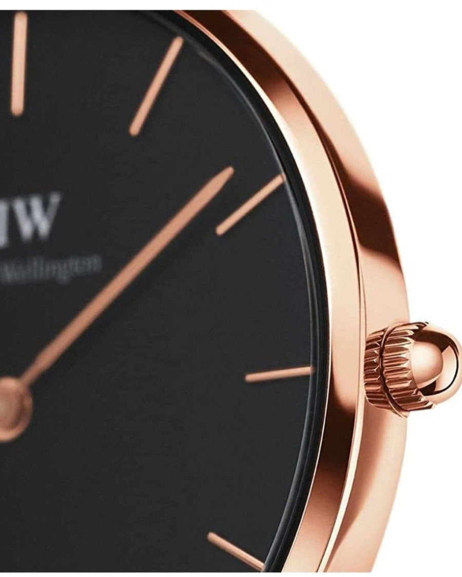 Daniel Wellington Petite Melrose Black Dial Rose Gold Mesh Strap Watch For Women - DW00100303