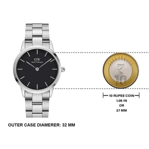 Daniel Wellington watch with 32mm case, next to 10 rupee coin.