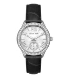 Michael Kors Sage Three-Hand Mother of Pearl White Dial Black Leather Strap Watch for Women - MK4821