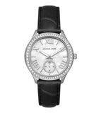 Michael Kors Sage Three-Hand Mother of Pearl White Dial Black Leather Strap Watch for Women - MK4821