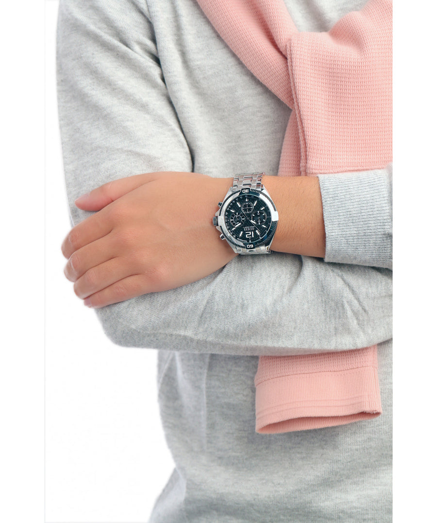 Guess Surge Chronograph Black Dial Silver Steel Strap Watch for Men - W1258G1
