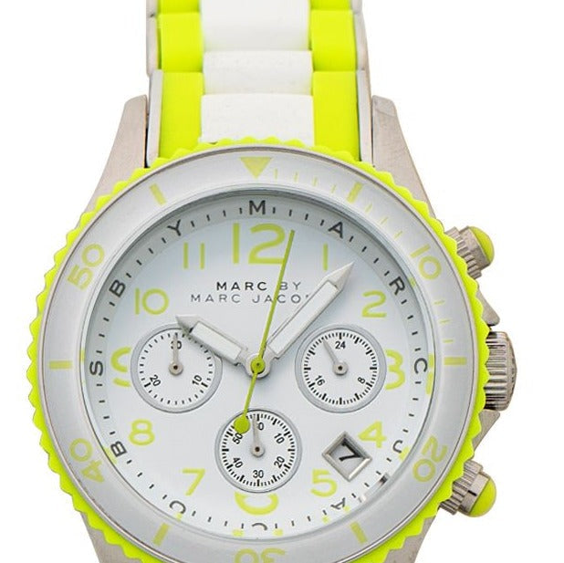Marc Jacobs Rock Chronograph White Dial White & Green Silicone Strap Watch for Women - MBM2592